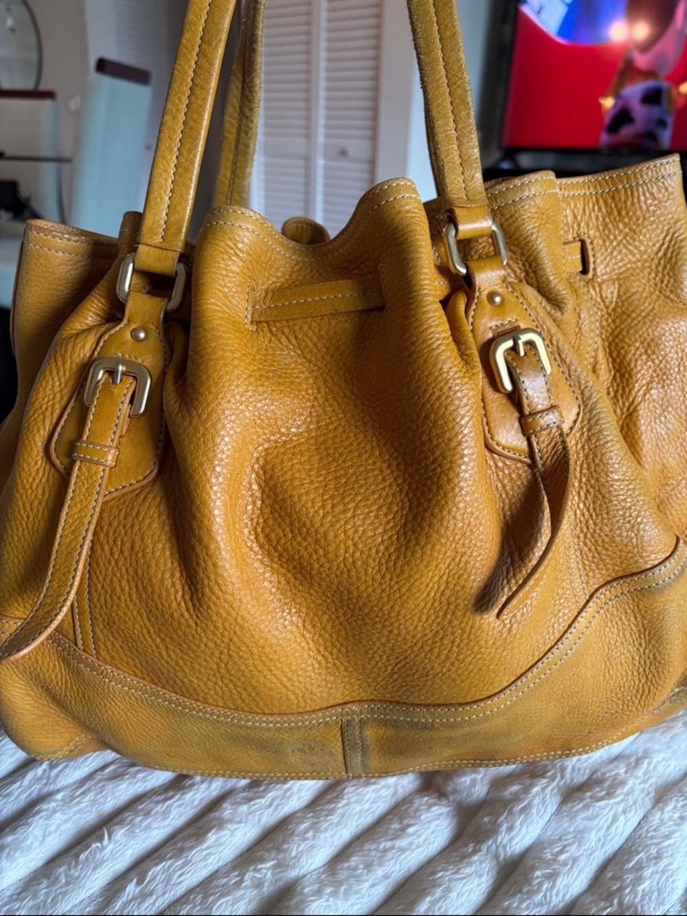 Prada Yellow-Tan Leather Drawstring Shoulder Bag - Picture 6 of 16
